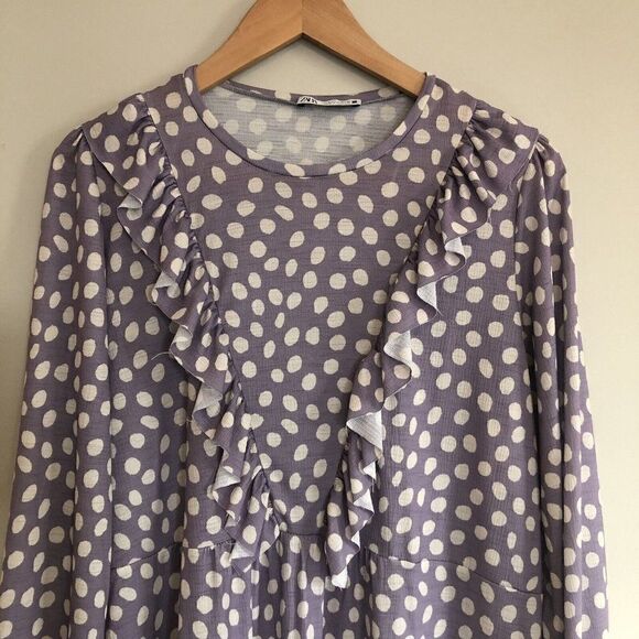 Zara Womens Midi Dress Small Purple White Polka Dot Stretch Ruffle Victorian - Picture 5 of 9